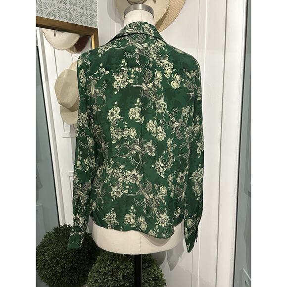 ALICE + OLIVIA ELOISE BUTTON-UP SILK BLOUSE CENTRAL PARK GREEN MULTI SIZE XS - Picture 7 of 9
